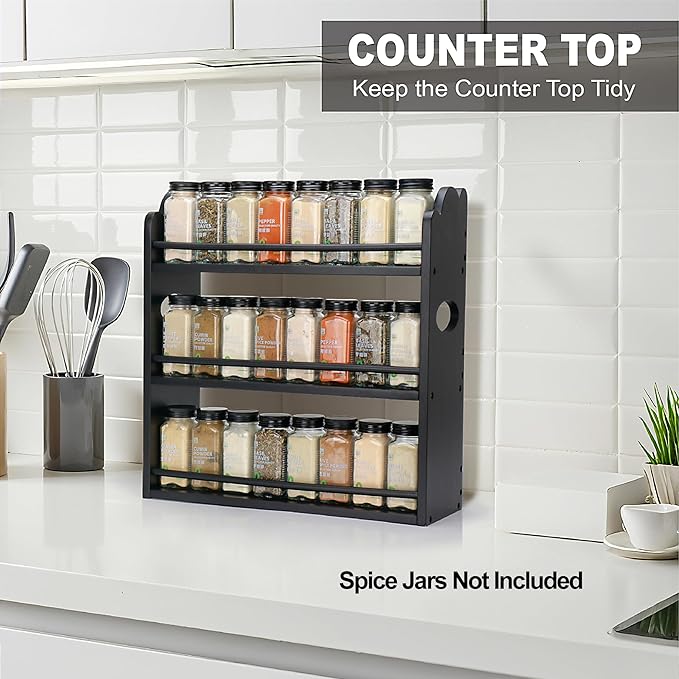3 Tier Bamboo Spice Rack, Spice Rack Organizer, Seasoning Jars Rack Shelf Spice Organizer for Kitchen Counter or Wall Mounting, Spice Storage Holder with handles, Jars Not Included,Black