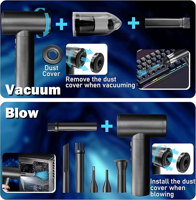 Electric Air Duster Rechargeable 2-in-1 91,000 Super Power Air Blower Cordless with Car Vacuum and LED Light, 7500mAh Battery Electric Duster for PC, Keyboard, House, Car Cleaning - Black