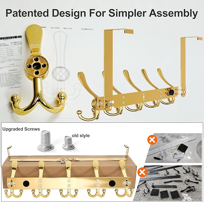 Dseap Over Door Hook 2.0 - Upgraded Version - Simple-Assembly, Strong, Heavy-Duty Stainless Steel 5-Tri-Hook Over The Door Hanger Rack, SimpleStrong Series, Gold, Pack of 2