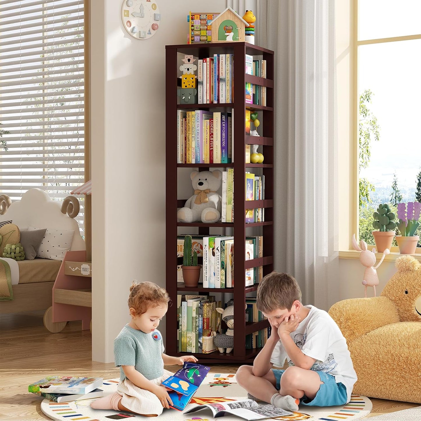 Homykic Rotating Bookshelf, Bamboo 360 Display Spinning Bookshelf Tower, 5-Tier Small Corner Bookcase for Small Spaces, Narrow Revolving Book Shelf Organizer Rack for Home Office, Espresso