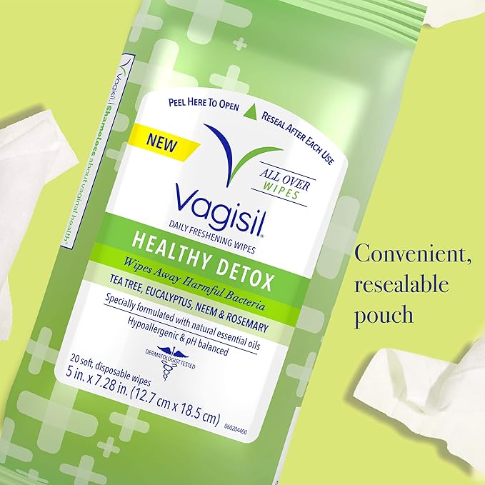 Vagisil Wipes for All Over Cleaning, Health Detox, Formulated with Essential Oils, 20 Wipes in a Re-Sealable Pouch (Pack of 1)