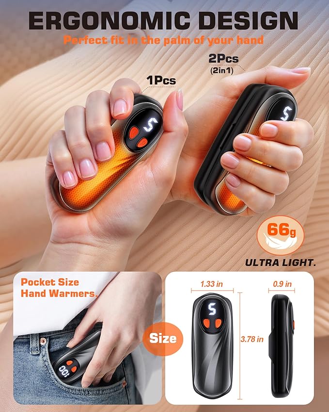 Hand Warmers Rechargeable 2 Pack, 6000mAh Electric Hand Warmers, 5-Level Heating with Battery Display, Reusable Portable Pocket Heater, Gifts for Christmas, Outdoor, Golf, Travel, Hunting, Camping