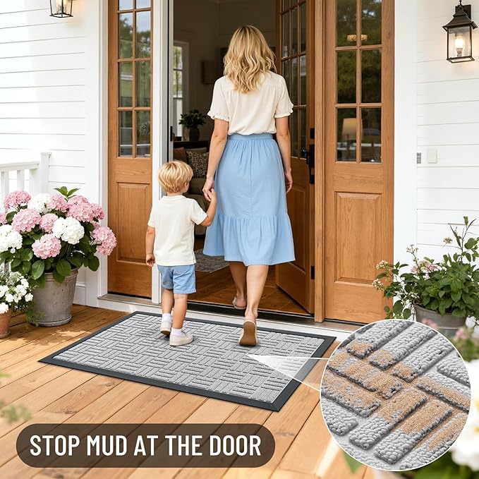 OLANLY Front Door Mat Outside Entrance 29.5x17, Absorbent, Heavy Duty Sturdy Natural Rubber Doormat Indoor Outdoor, Non-Slip, Stain and Fade Resistant, Low Profile Floor Mat for Entryway, Light Gray