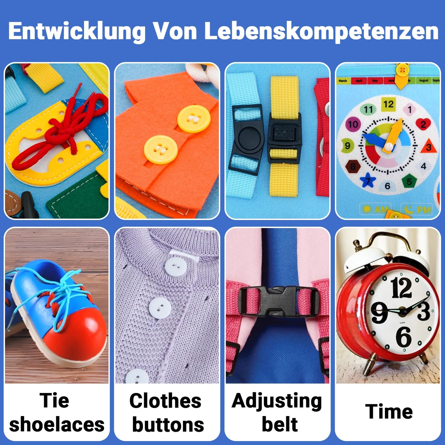 MEGRANATE Montessori Busy Board, Baby Busy Book Educational Learning Toys for Toddlers Quiet Book Activity Books Buckle Toy Fine Motor Skills Toys for 3+ Year Old Kids (Blue)