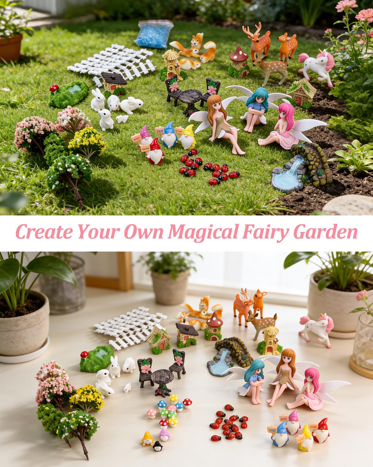 Avalution 70 Pcs Fairy Garden Accessories Kit – Miniature DIY Fairy Garden Accessories, Indoor & Outdoor Garden Decorations, Weather Resistant, Gift Bags Included