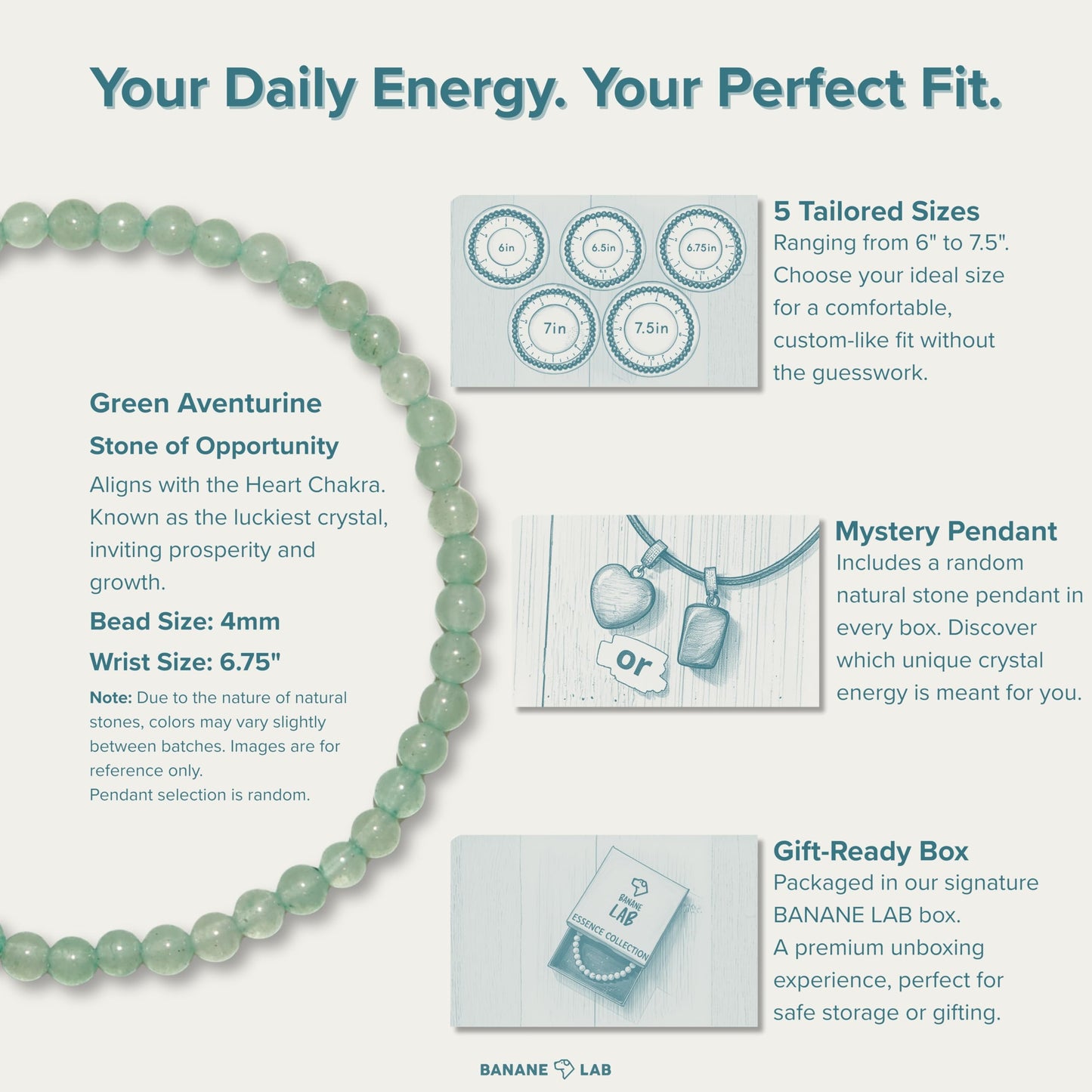 BANANE LAB Green Aventurine Beaded Bracelet with Mystery Polished Crystal Pendant - 4mm Real Natural Gemstone Beads for Women Men - Luck Prosperity Healing Gift for Her him - Fits 6.75" Wrist