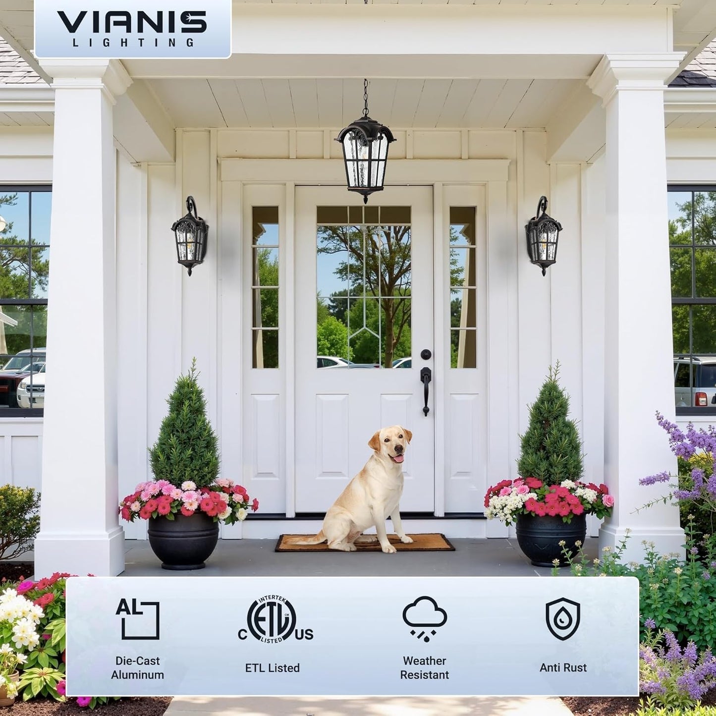 VIANIS 18.7" Large Outdoor Pendant Light, Vintage ORB Outside Chandelier with Ripple Glass, Anti-Rust Pendant Lights for Porch, Doorway, Entryway, Adjustable Length Hanging Lighting, Hardwired