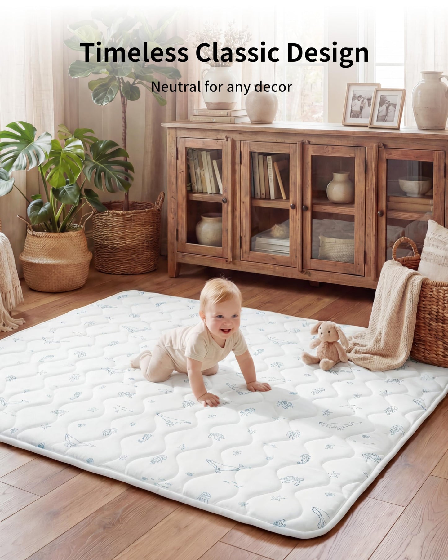 Fortella Extra Thick Baby Play Mat for 50" Playpen, 47"x47" Snug Fit Playpen Mat, Machine Washable Foam Play Mat for Floor - Portable, Non-Slip Tummy Time & Crawling Mat for Babies Toddlers (Ocean Ivory)