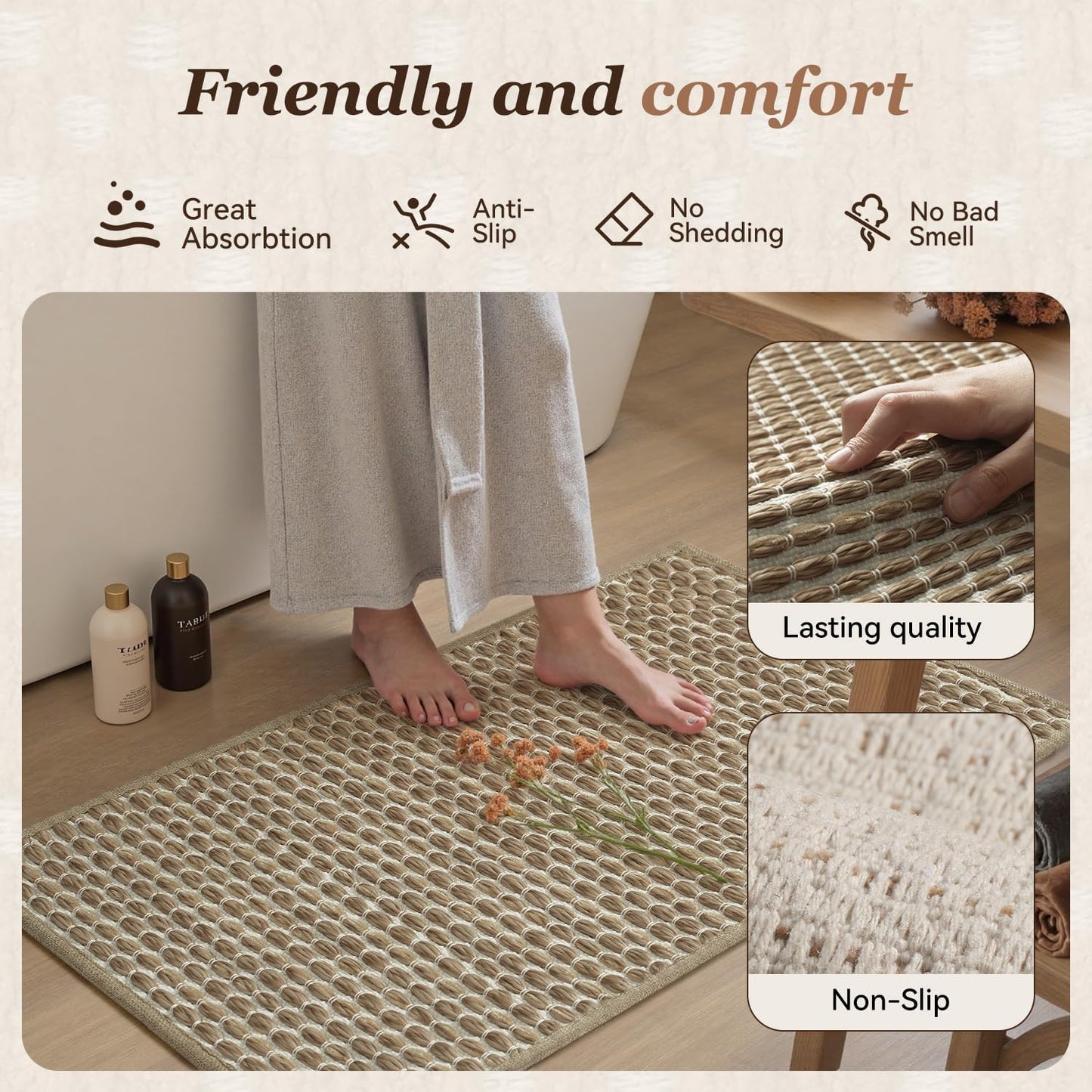AMOAMI Unique Woven Bath Mat, Super Absorbent Non Slip Bath Mats for Bathroom Floor Textured Bathroom Mat Quick Dry Washable Bath Rug Boho Thin Rugs for Bathroom Beside Tub, 20" x 32", Brown