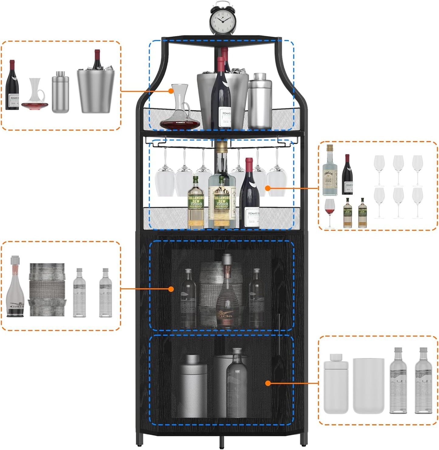 GarveeHome Corner Wine Cabinet with Detachable Wine Rack, 5-Tier Industrial Corner Bar Cabinet with Barn Door and Glass Holder, Farmhouse Buffet Cabinet and Home Bar, Black