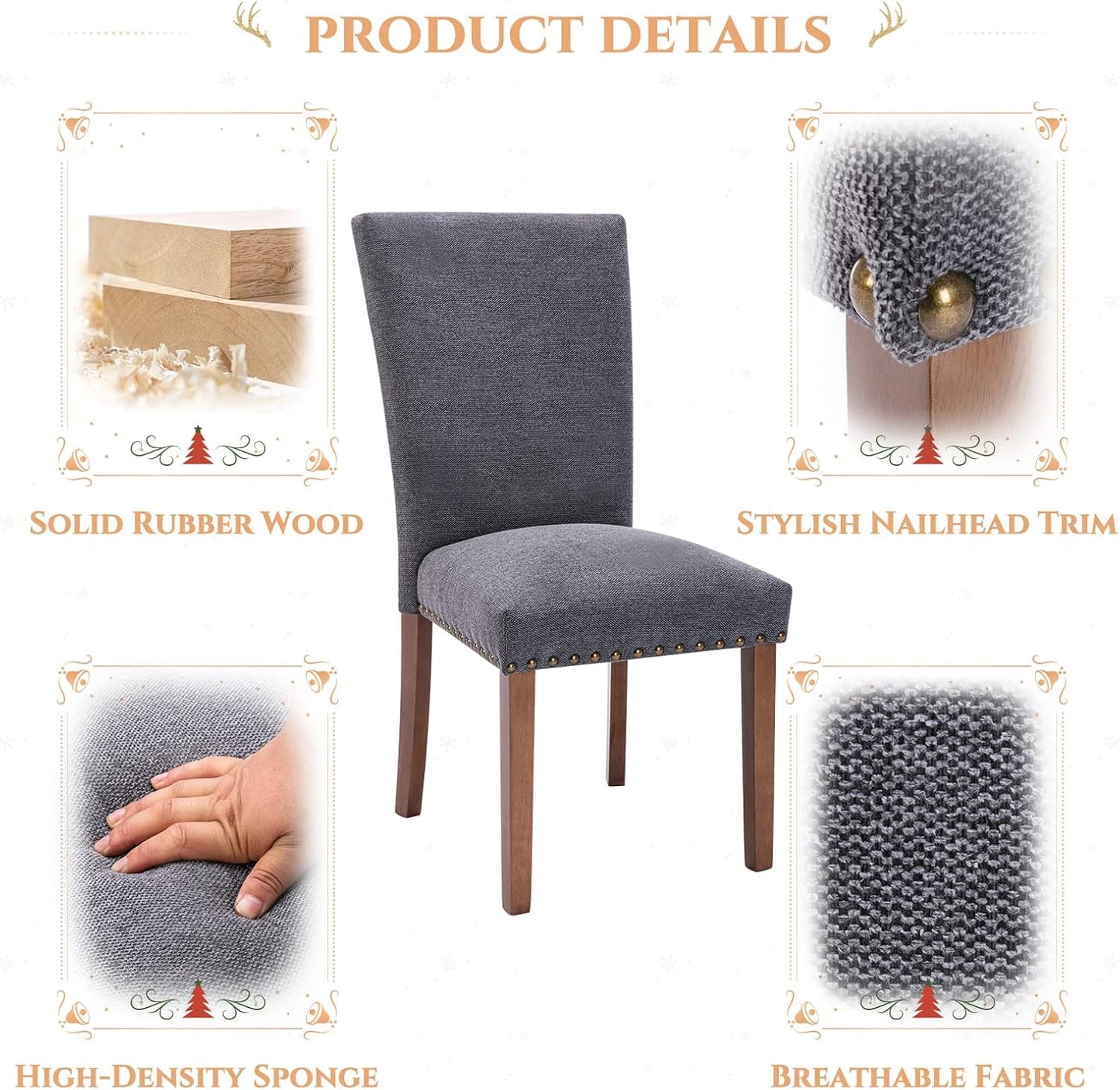 Parsons Dining Chairs Set of 4, Upholstered Nailhead Dining Room Kitchen Side Chair with Thick Cushions and Wood Legs, Dark Grey