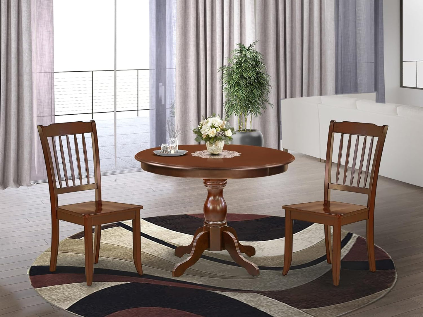 East West Furniture HBDA3-MAH-W 3 Piece Modern Dining Table Set Contains a Round Wooden Table with Pedestal and 2 Dining Chairs, 42x42 Inch, Mahogany