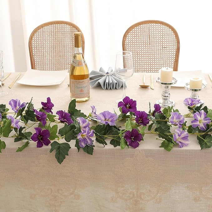 Floweroyal 2 Pack Artificial Flower Garlands 15.8FT Fake Morning Glory Vines Silk Flowers Hanging Garland Ivy for Wedding Arch Party Home Garden Wall Decor (Purple)