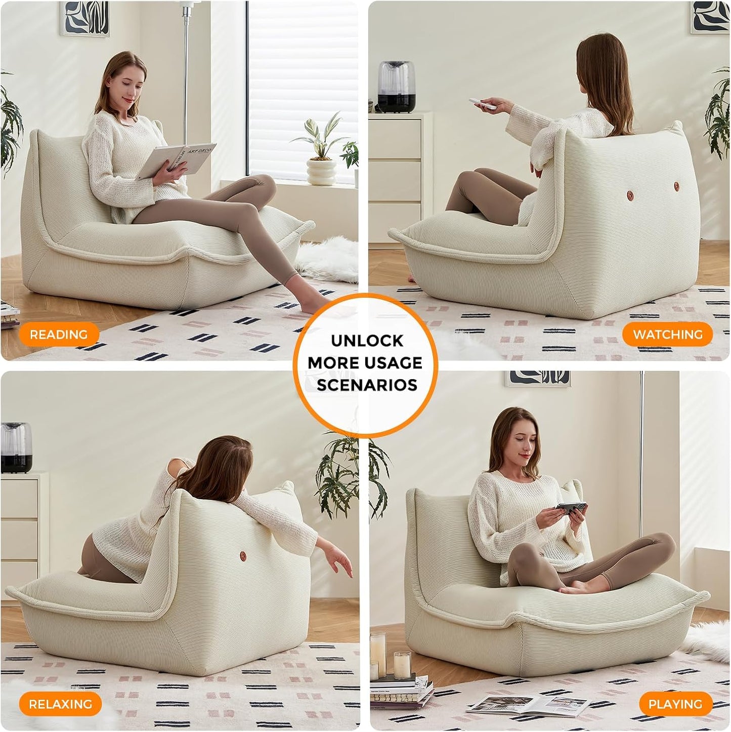 Bean Bag Chairs for Adults Giant BeanBag Chair Sofa Memory Foam Bean Bag Chair Couch with Ergonomic Design for Adults and Kids Home Living Room Bedroom Office Home Gaming Salon(Beige)