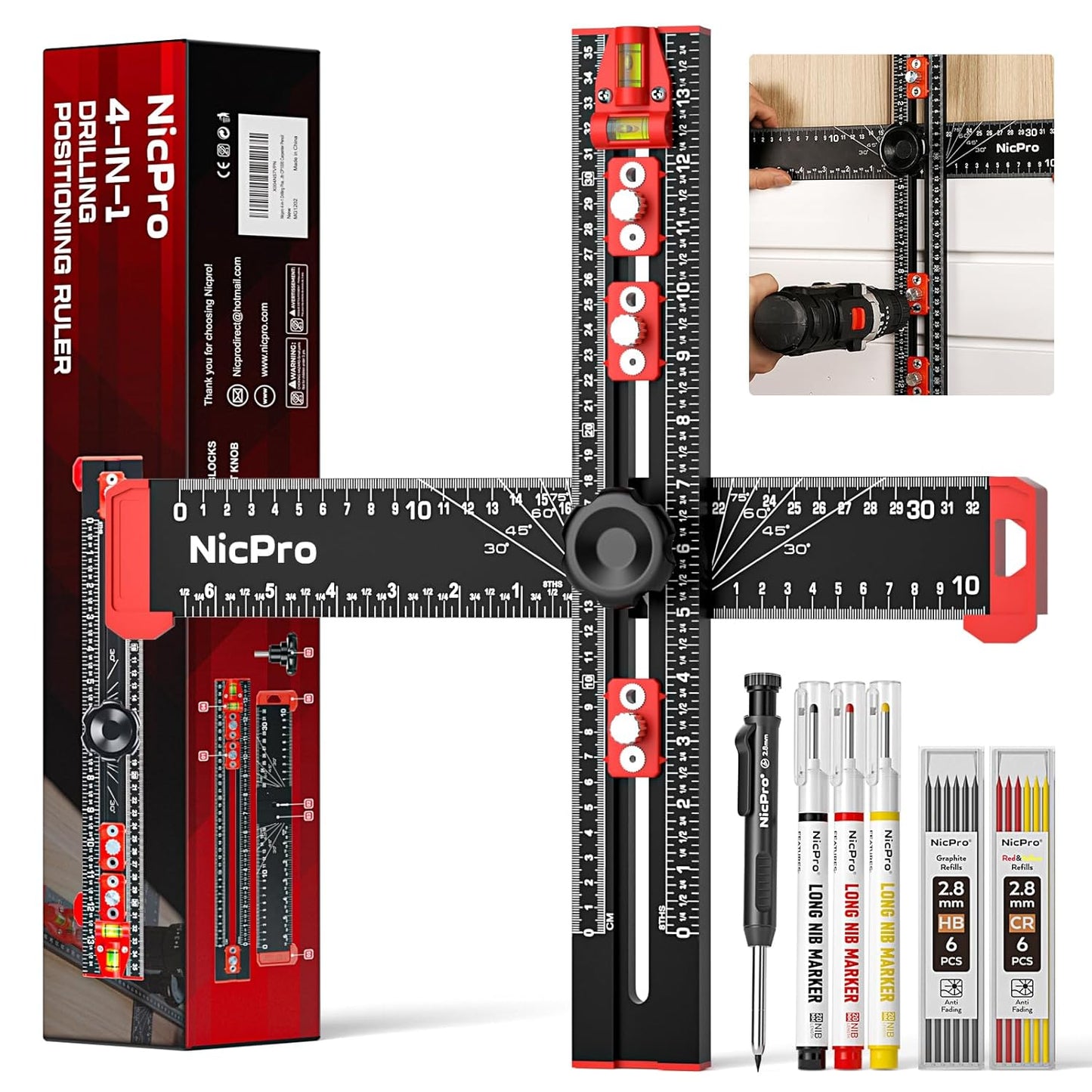 Nicpro 4-in-1 Drilling Positioning Scribing Ruler, Adjustable Multifunctional T Square Ruler with Carpenter Pencil, Carpenters Square Tools for Woodworking, Cabinet Drawer Door Hole Drilling Template