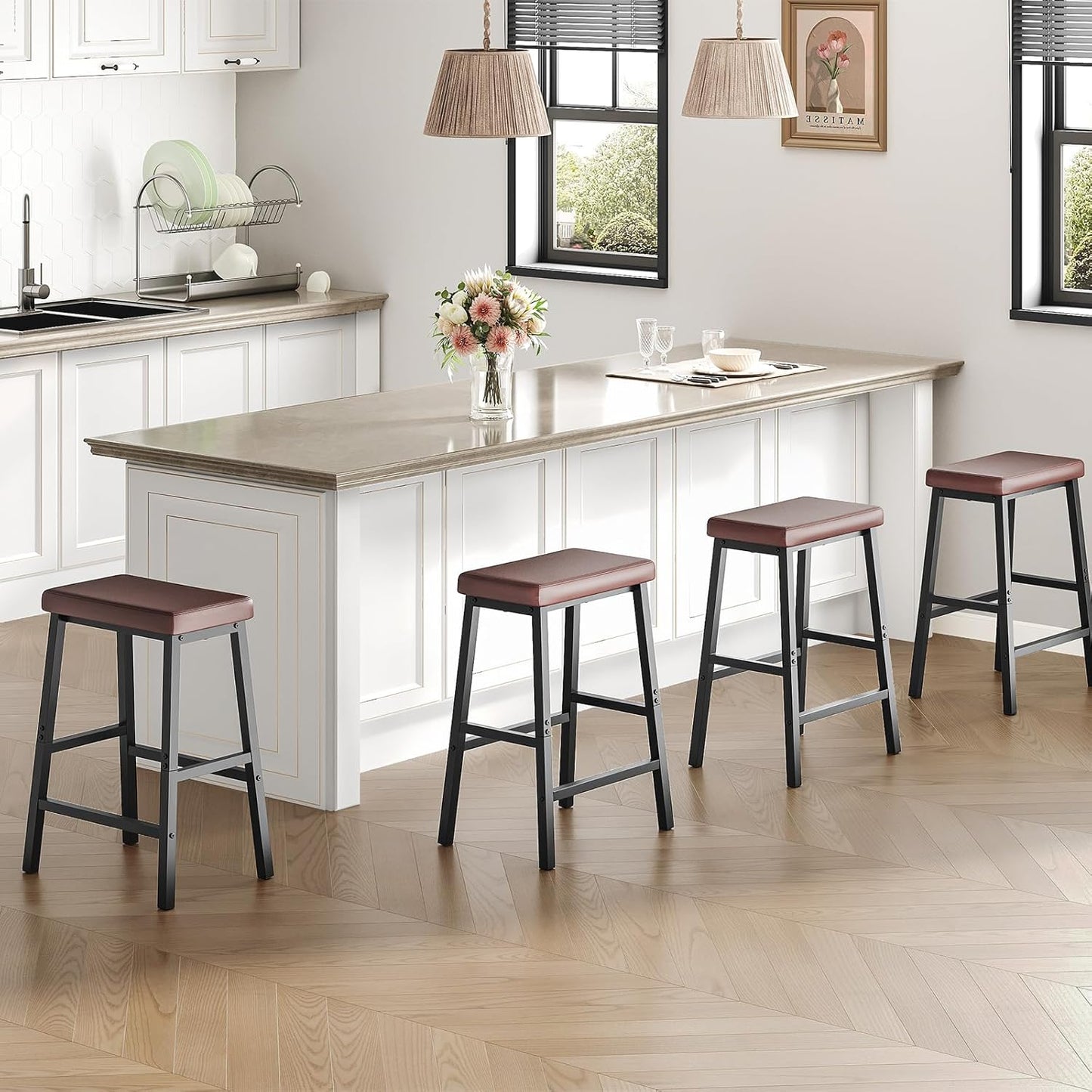 HOOBRO Bar Stools, 24" Set of 2 Bar Chairs, PU Leather Upholstered Breakfast Stools, Easy Assembly, Suitable for Kitchen, Bar, Dining Room, Brown and Black BC01MD01