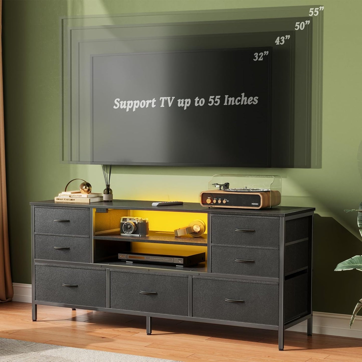 Huuger TV Stand Dresser with Power Outlets and LED Lights, 7 Drawer Console for 55 Inch TV, Black PU Leather Bedroom Dresser