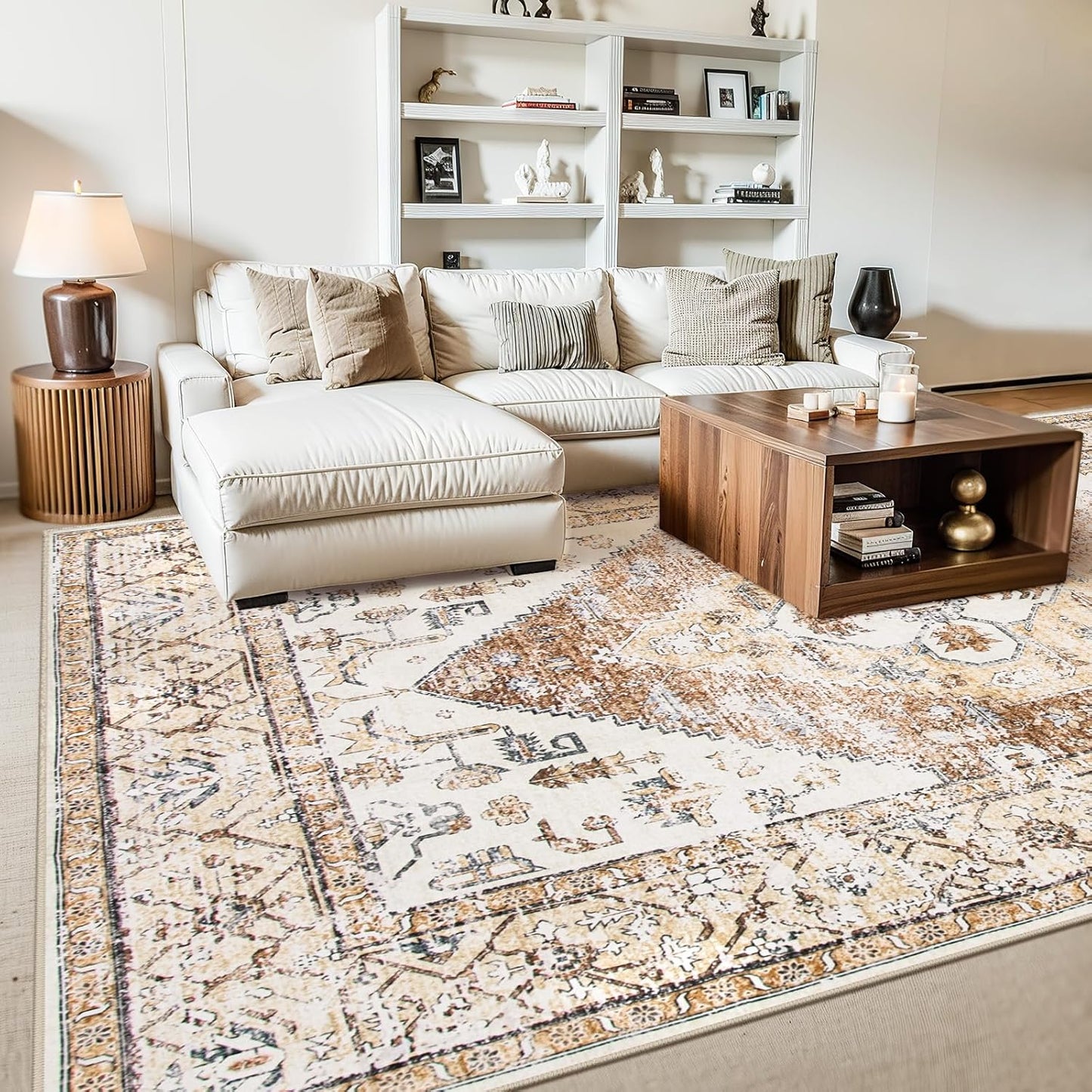 Lahome 9x12 Area Rugs for Living Room - Boho Non-Slip Washable Carpet Ultra-Thin Large Rug Lightweight Throw Foldable Dining Room Mat，Farmhouse Neutral Print Carpet for Bedroom Guest Room (Taupe)
