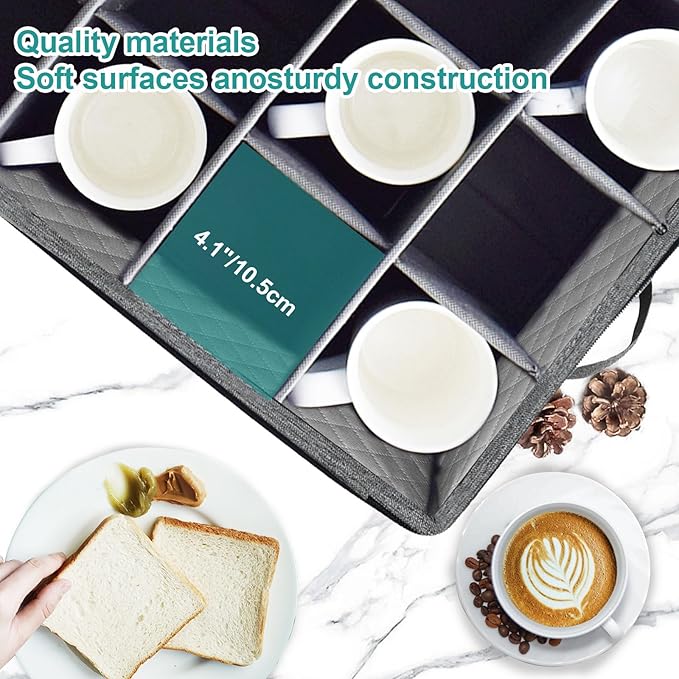VERONLY Mug and Cup Storage Box with Dividers, Coffee Mug Storage Case China Storage Containers Hard Shell with Lid and Handles, Stackable for 12 Coffee Mugs, Tea Cups, Moving & Packing (Dark Grey)