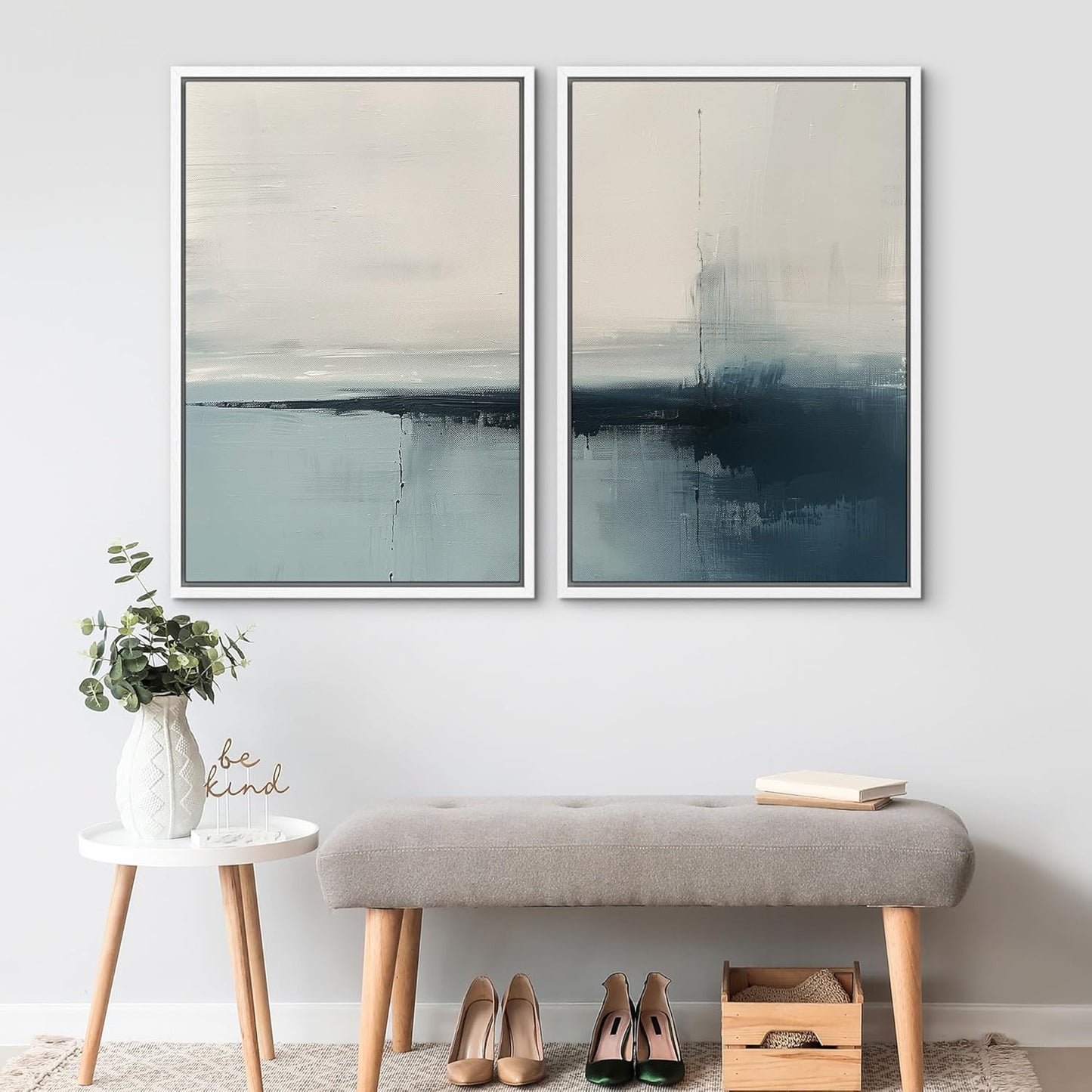 SIGNWIN Framed Canvas Print Wall Art Modern Blue Ocean-Inspired Coastal Abstract Serene Neutral Tones with Subtle Patterns Illustrations Decorative for Living Room, Bedroom, Office - 24"x36"x2 White