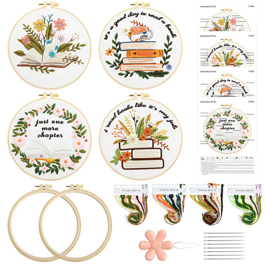 ElasignShopo 4 Set Book Embroidery Kit for Beginners Adults Book Lovers Embroidery Starter Kit Books Flowers Pattern Hand Crewel Cross Stitch Kits Includes Instruction 2 Hoops Color Threads Needles