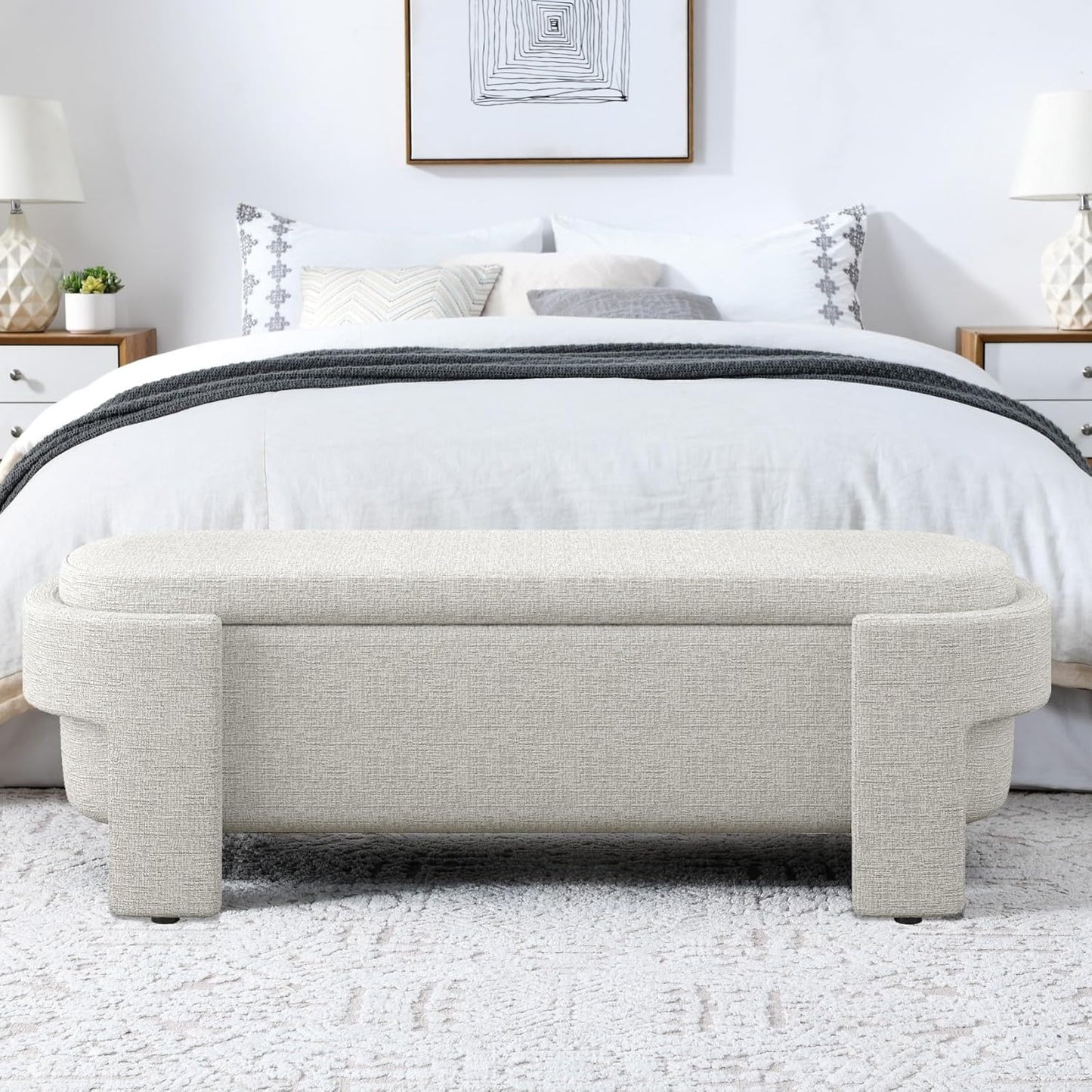KEIKI 51" Linen Ottoman Bench with Large Storage Space, Upholstered Seating Foot Rest Stool Furniture for Bedroom, Living Room, Entryway, Beige Stripe