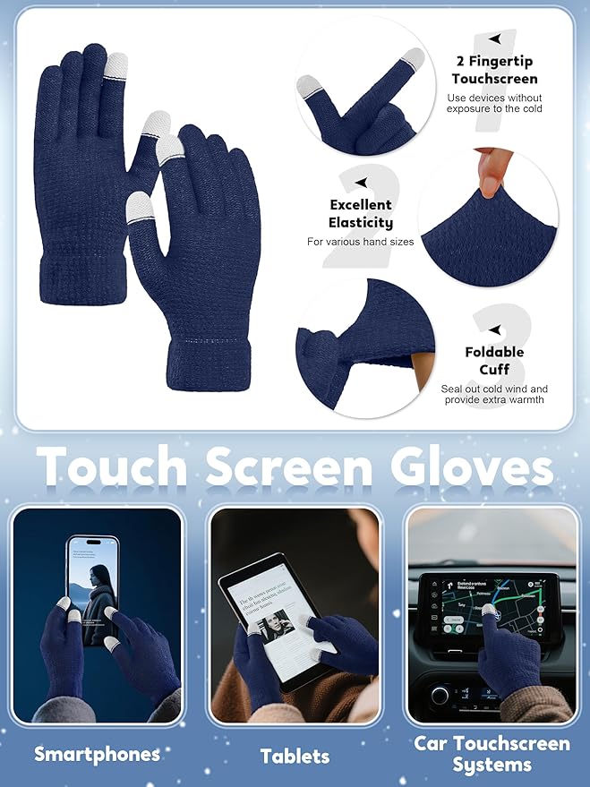 URATOT 4-In-1 Winter Warm Sets Knitted Scarf Touch Screen Gloves Beanie Pompom Hat and Winter Ear Warmer for Men or Women