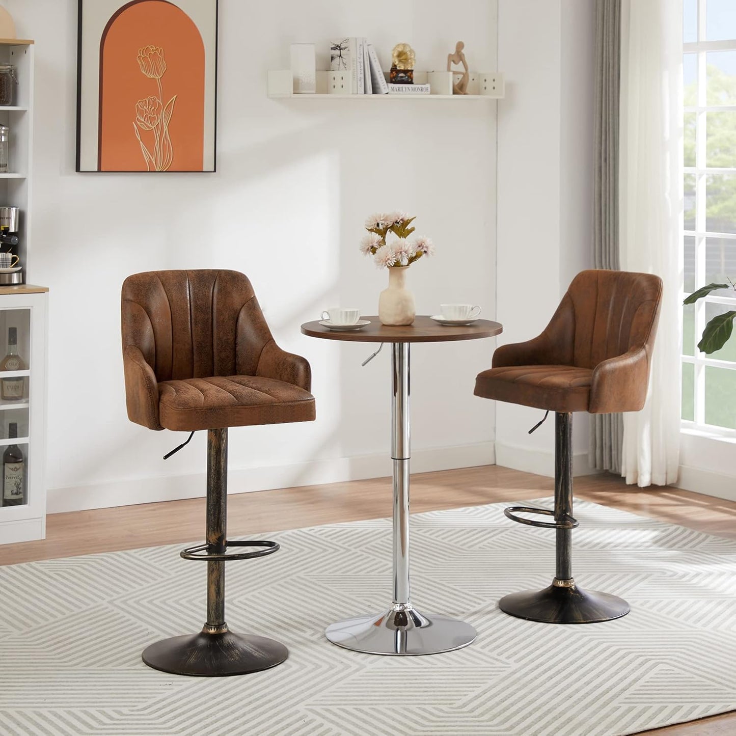 VECELO Bar Stools Set of 2, Adjustable Bar Stools Counter Height Barstools with Back and Arm, Swivel Bar Chair Stools for Kitchen Counter Island Cafe Dining Room, Industrial Style, Dark Brown