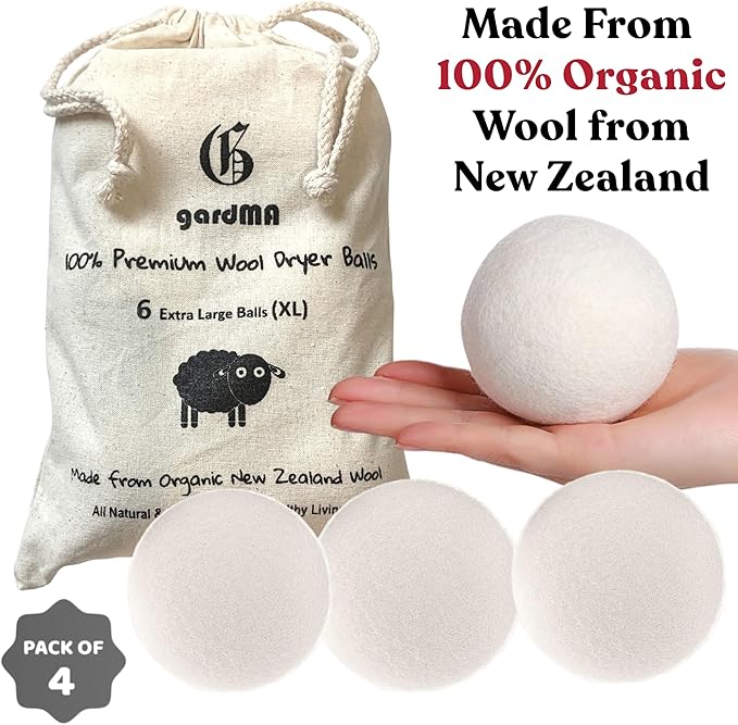 Wool Dryer Balls Organic Premium | 4 Balls XL, Ethically & Humanely Made, Natural Fabric Softener, Laundry Dryer Balls Reusable, Wrinkle Release, Organic Fabric Softener Ball, Say No! to Dryer Sheets