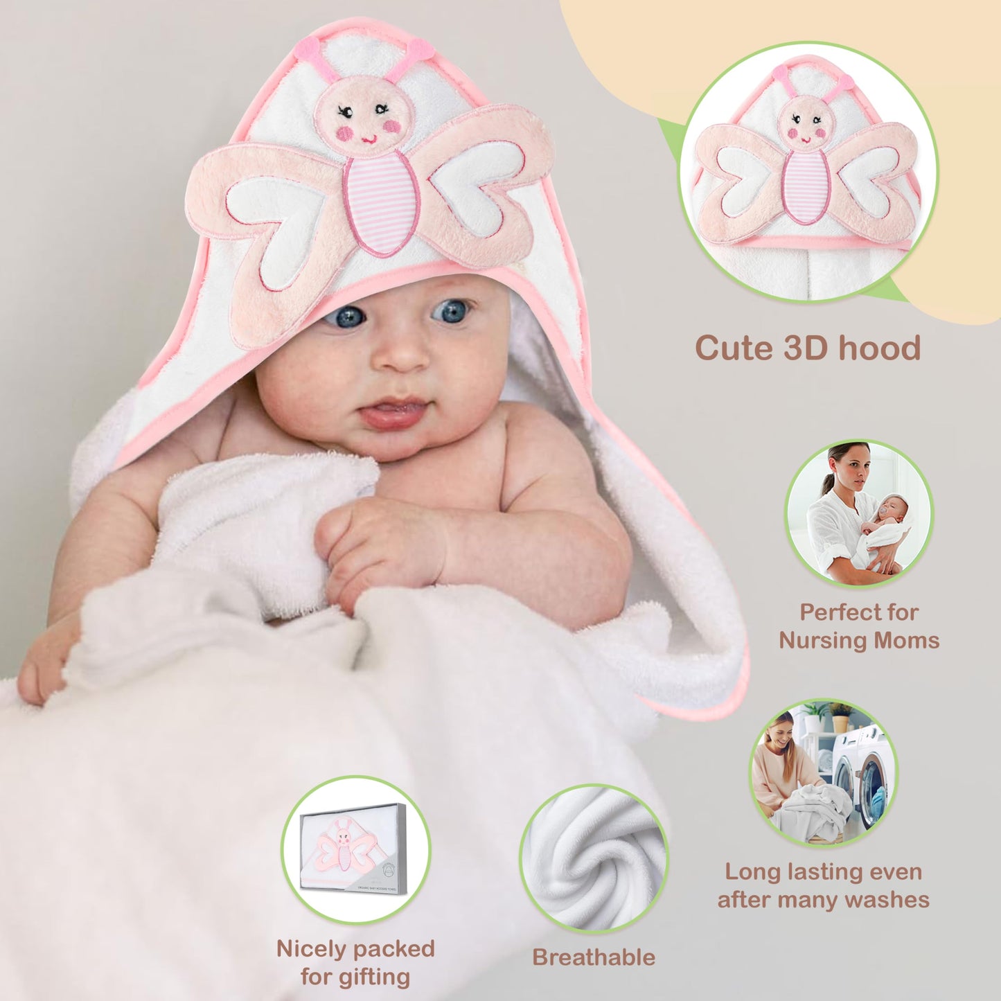 Mother's Choice Baby Towels 100% Organic Cotton Hooded Design, Large Size Baby Bath Towels, Ultra-Soft & Absorbent for Newborns, Infants, Toddlers, Boys & Girls with Animal Hood (Butterfly)