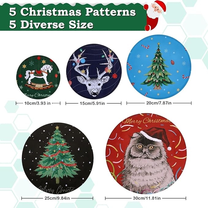 5-Size Beeswax Bowl Covers for Bread Proofing, Reusable Cotton Cloth Bowl Covers, Flexible Beeswax Wraps for Food Storage Christmas Holiday Kitchen Decor(Santa Kitty)