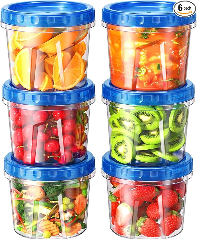 6 Pack-24 oz Freezer Storage Containers, Plastic Food Storage Containers with Twist Top Lids, BPA Free and Reusable Soup Containers with Lids, Leakproof/Microwave/Dishwasher Safe