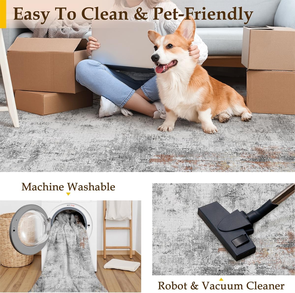 8x10 Washable Area Rug Grey Rust Modern Neutral Abstract Living Room Bedroom Indoor Floor Carpet Low Pile Soft Non-Slip Lightweight Vacuumable Large Throw Rug for Kitchen Dining Room