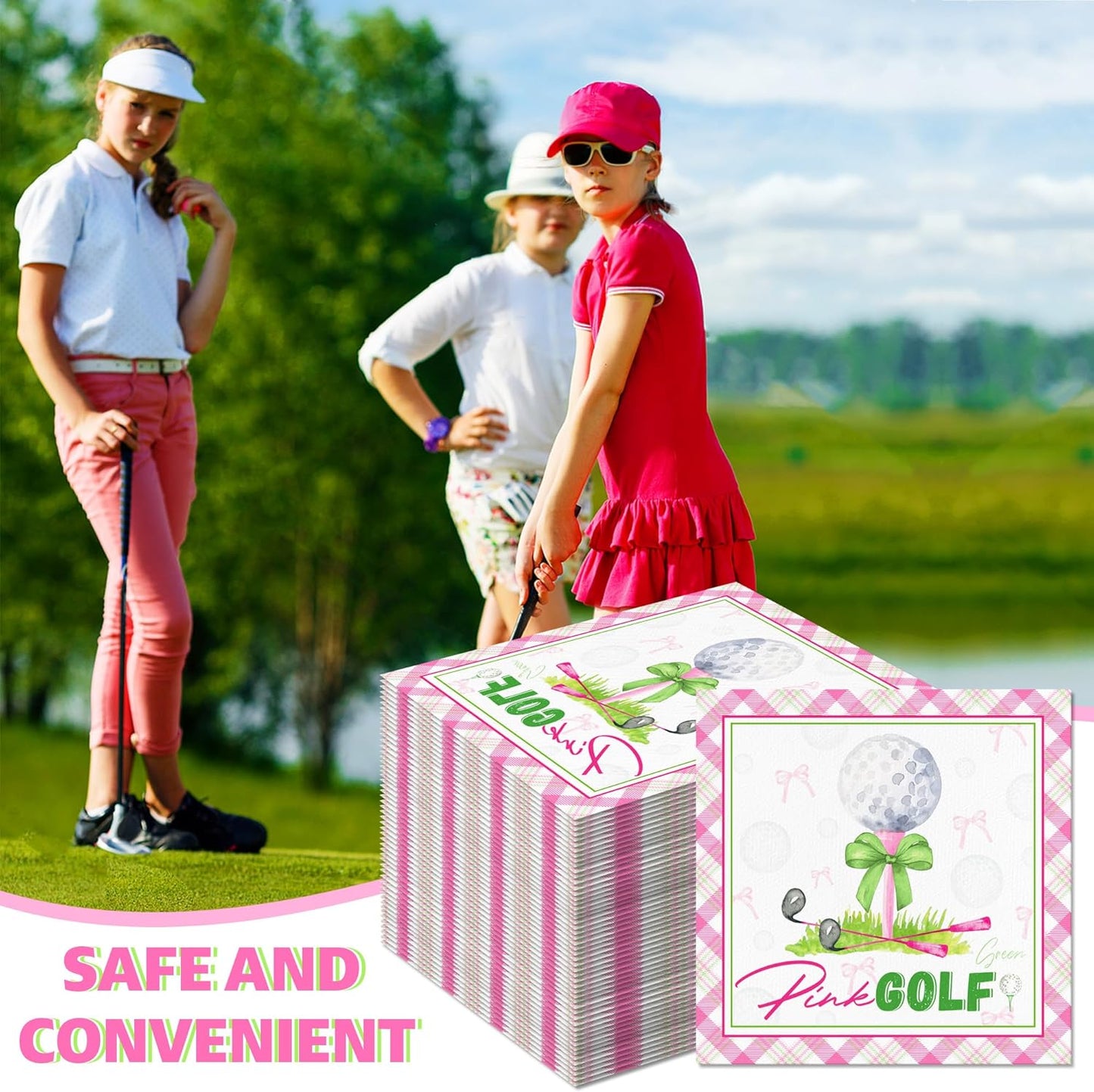 40PCS Golf Paper Napkins – Golf Party Napkins with Pink, Green & Plaid Design for Baby Showers,Birthday Parties,Afternoon Tea,Daily Dining,Sports-Themed Gatherings,Girls’ Tea Parties,Bridal Showers