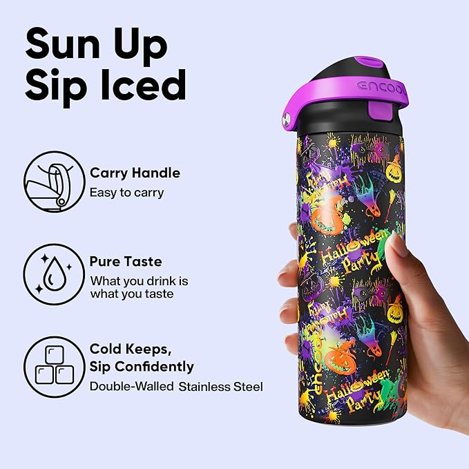 Encool SwiftSip Insulated Stainless Steel Water Bottle with Straw - Leak Proof Sports Water Bottle for School, Travel, Keeps Cold All Day, One-Touch Flip Lid, BPA-Free, 24 oz, Ghost Party