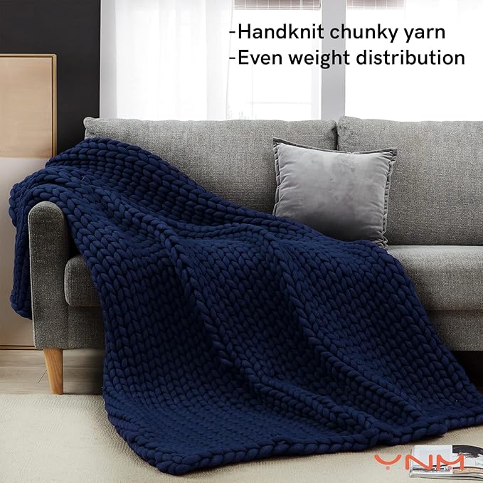 YnM Weighted Blanket, Handmade Chunky Knitted Design, Soft and Cozy, Temperature Regulating and Breathable, Machine Washable Throw for Sleep or Home Decor (Prussian Blue, 50x60 Inch, 10lbs)
