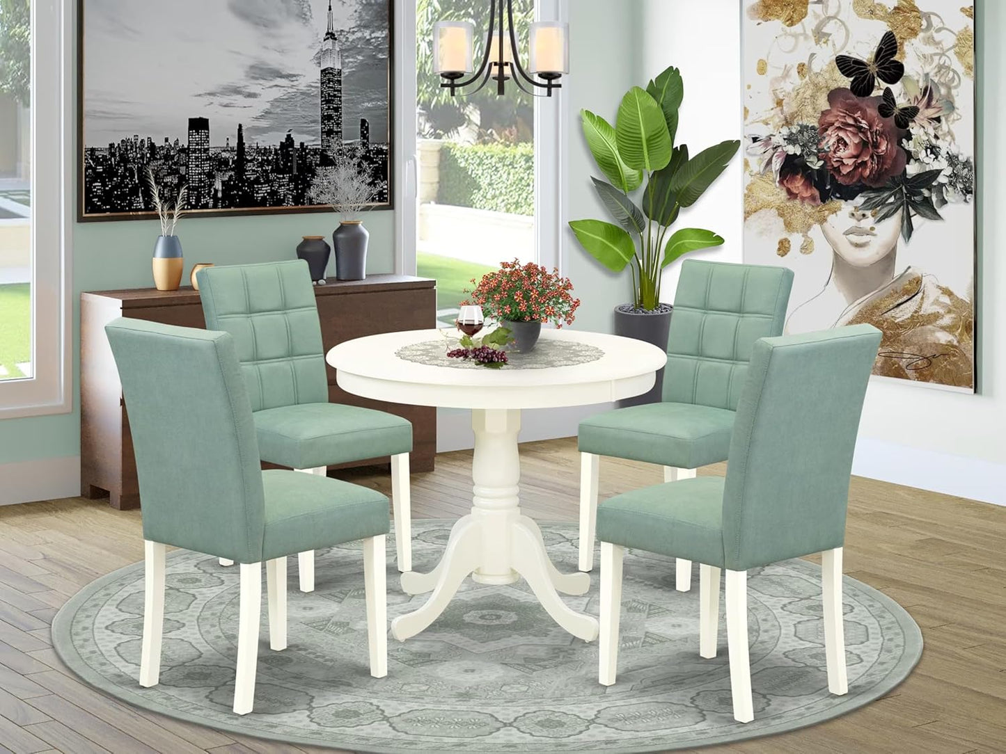 East West Furniture ANAS5-LWH-43 5 Piece Dinner Table Set contain A Wooden Table and 4 Willow Green Polyester Fabric Kitchen Chairs with Stylish Back- Linen White Finish