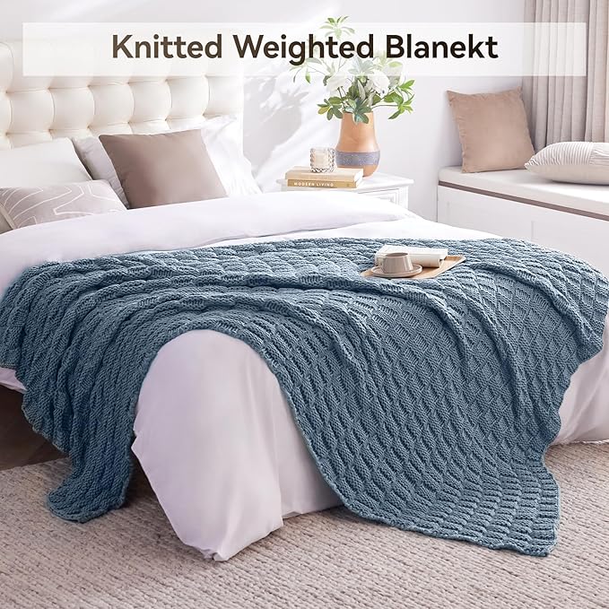 Knitted Weighted Blanket for Adult, No Beads Heavy Blanket 48” x 72'' 12lbs, Breathable Chunky Knit Blanket, Cooling Weighted Blanket for Hot Sleepers, Christmas Home Decor (Light Blue)