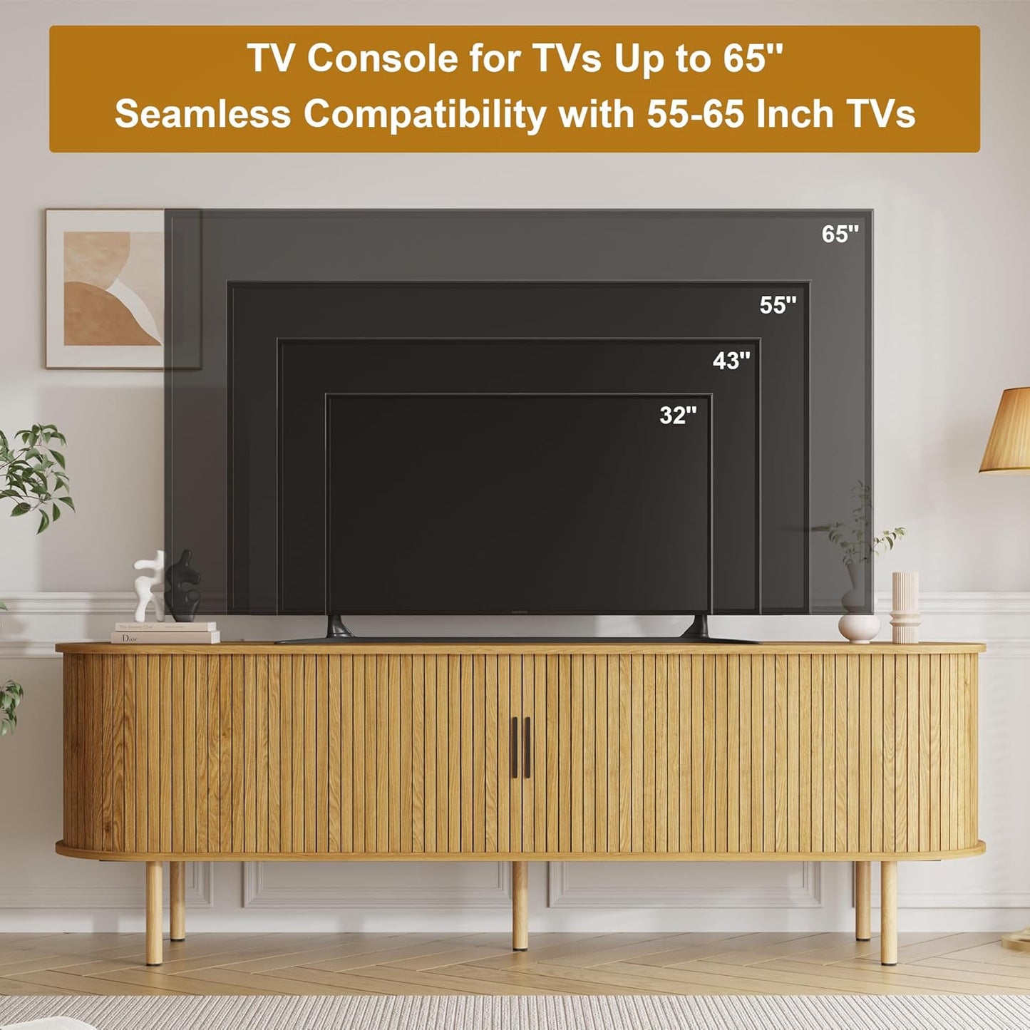 GarveeHome 70.1" TV Stand, Modern TV Console Table with Storage Compartment and Sliding Door, Gaming Entertainment Center with Cabinet for Living Room, Bedroom, Office, Oak
