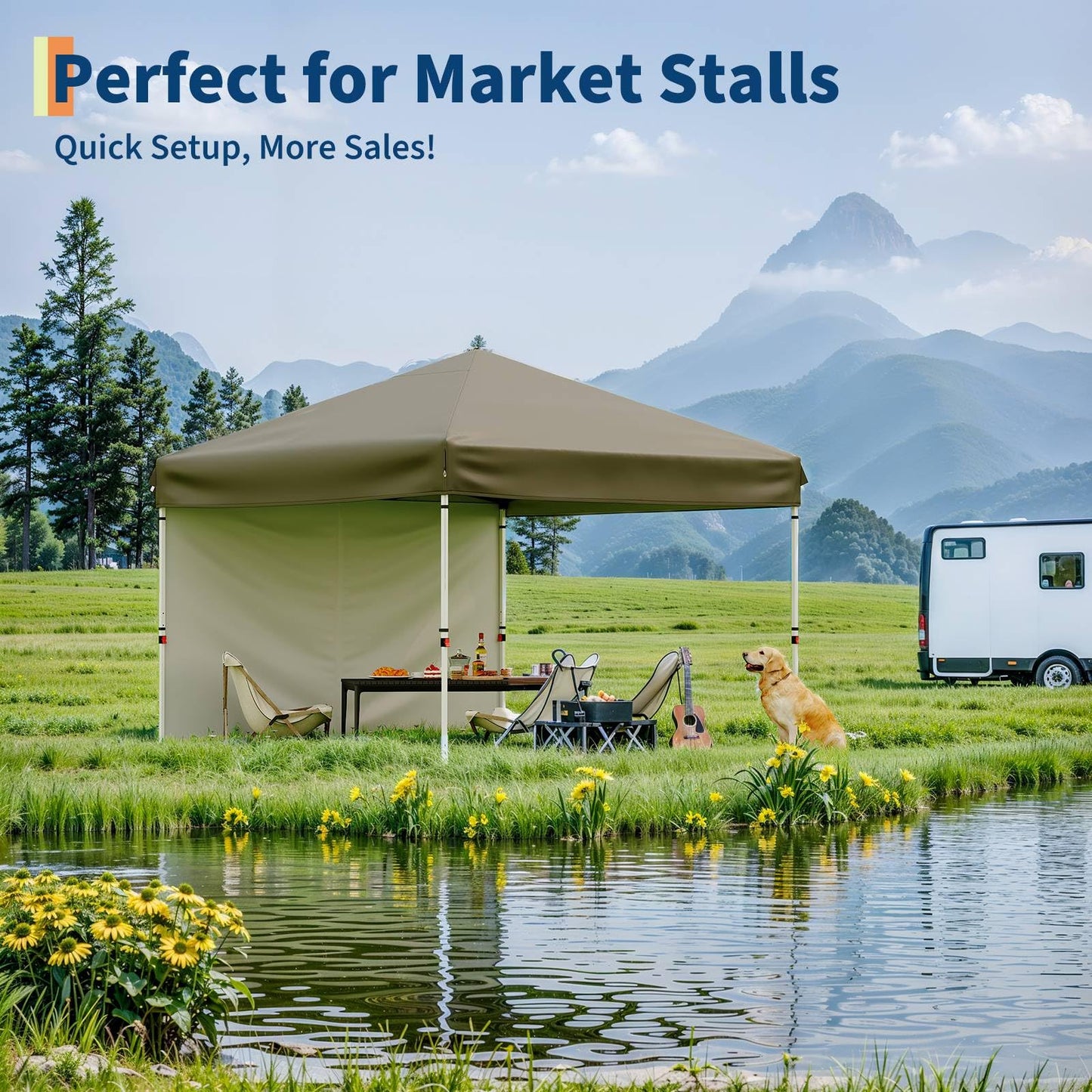GarveeLife 10x10 Pop Up Canopy with One Sidewalls Easy Up Camping Tent with One Button Push Setup 1 Roller Bag 3 Adjustable Height 4 Weight Bags (Khaki)