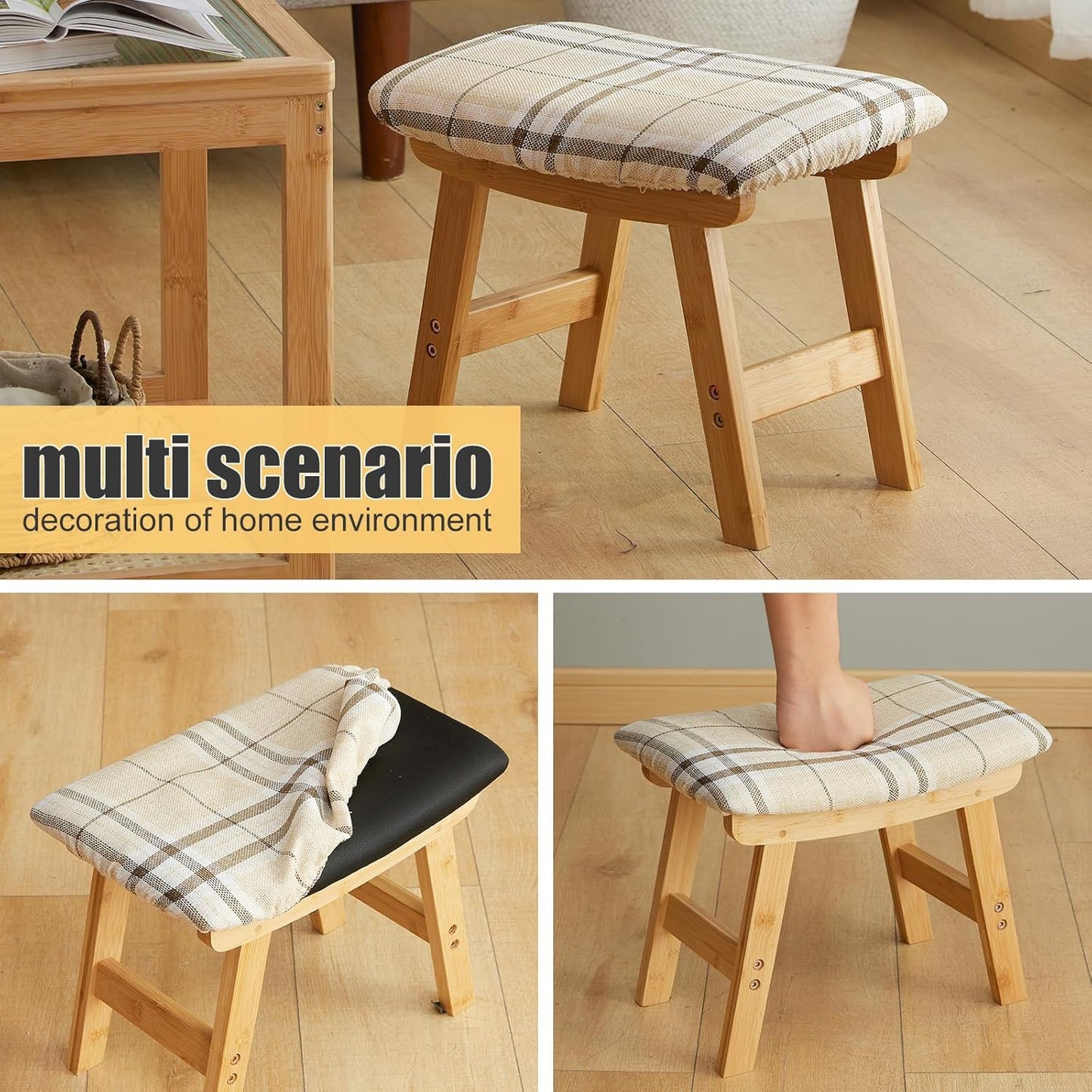 Foot Stool Ottoman Foot Rest Under Desk,Small Stool for Living Room, Bedroom and Kitchen (Natural Legs - Stripes Stool Surface)