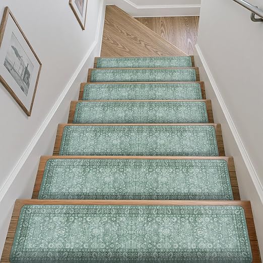 Vintage Stair Treads Non Slip Stair Runners for Wooden Steps Indoor, 15PCS 8"x30" Rubber Backing Carpet Treads for Wood Stairs Staircase Step Treads for Kids & Dogs, Stair Covers, Green