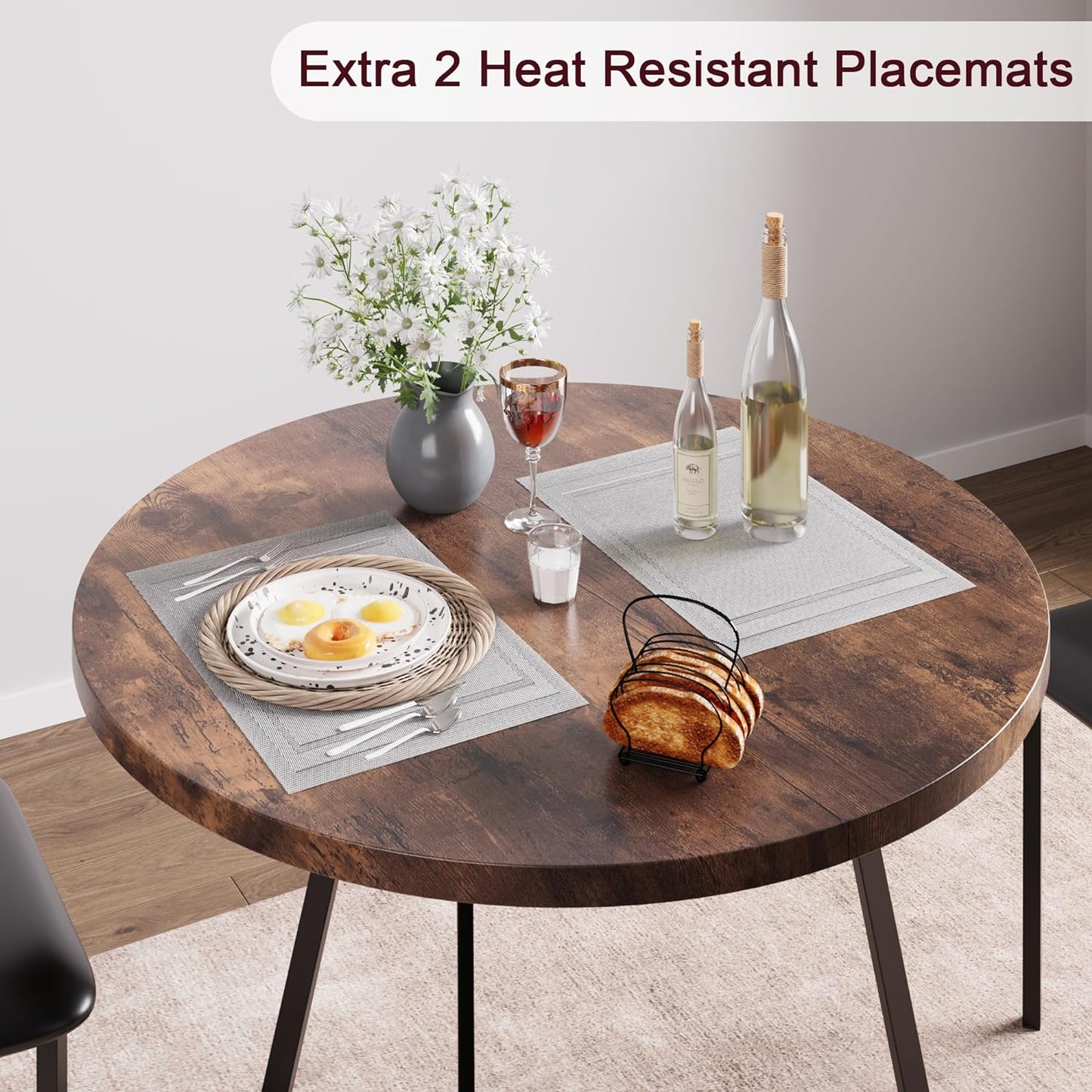 CABIHOME Dining Table Set for 2, Kitchen Table Set for 2, Kitchen Table Set with 2 Upholstered Chairs, Round Dining Table Set for Small Space, Apartment, Retro Brown