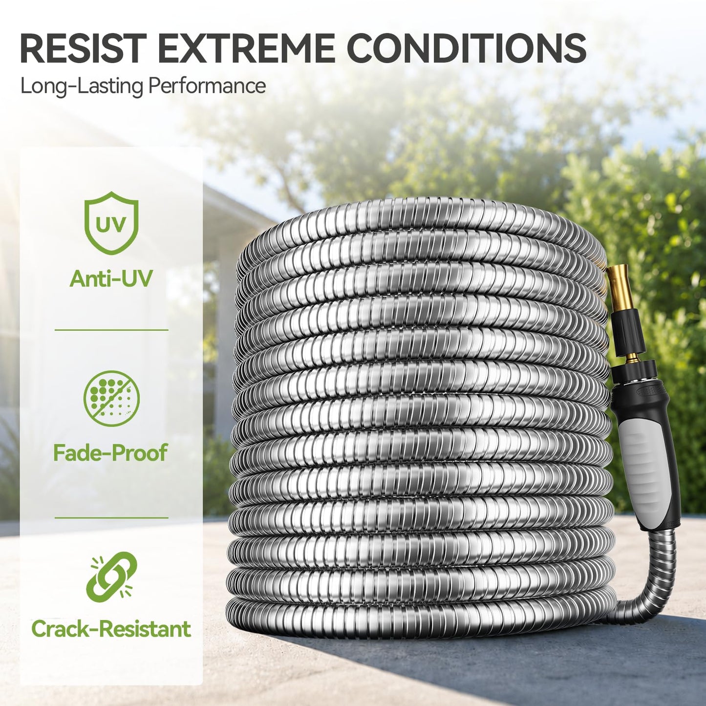 SPECILITE Expandable Garden Hose 75 FT, 304 Stainless Steel Heavy Duty Metal Water Pipe with Adjustable Nozzle - Flexible, Kink Free, Leak-Proof, Lightweight, for Outdoor, Yard, Lawn, Car Washing