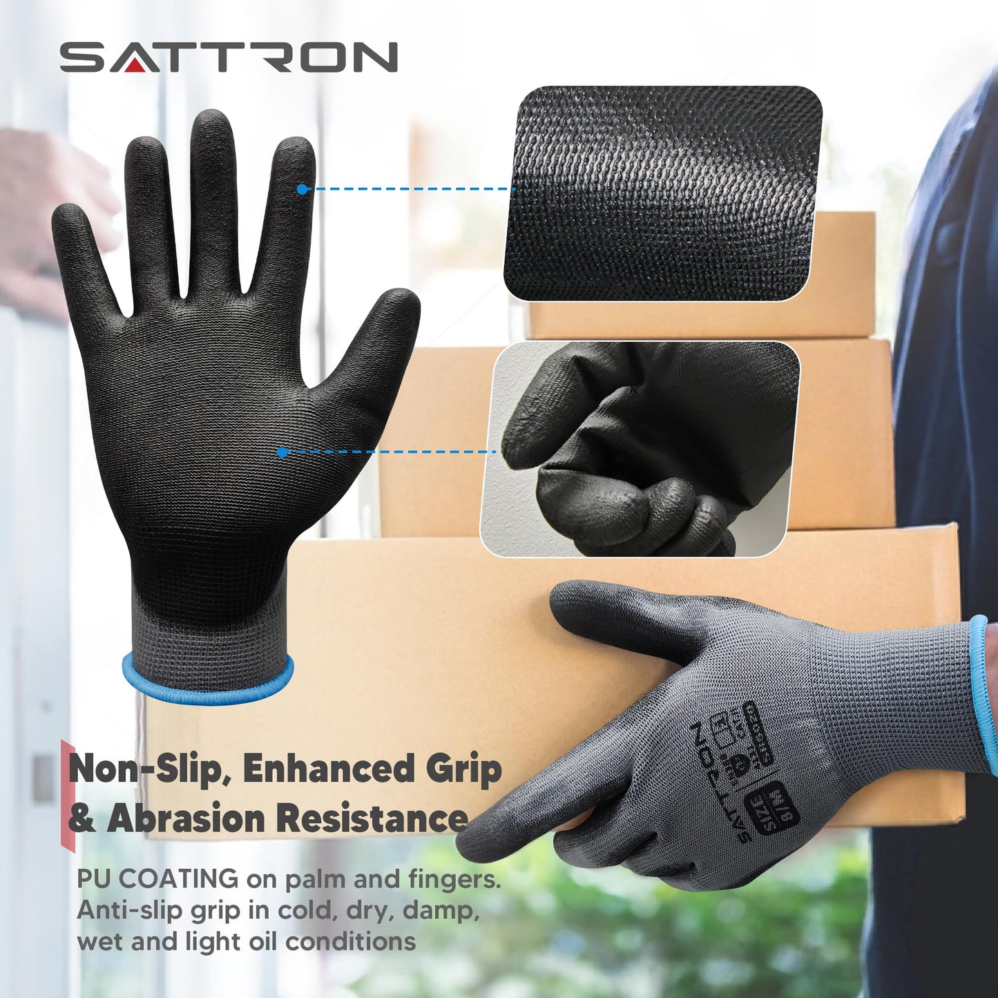 SATTRON Safety Work Gloves PU Coated, 12 Pairs, Seamless Knit Gloves with Polyurethane Coating Working Gloves Excellent Grip for Men & Women Ideal for General Duty Work (Grey, Large)