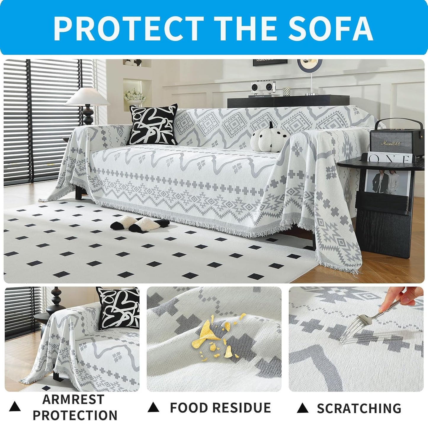 LUFEIJIASHI Boho Couch Covers for Sofa Non Slip Sofa Covers Washable Couch Covers for 3 Cushion Couch Sofa Pet Friendly Sectional Couch Cover Blanket Furniture Protector for Dogs (Grey, 71"x150")