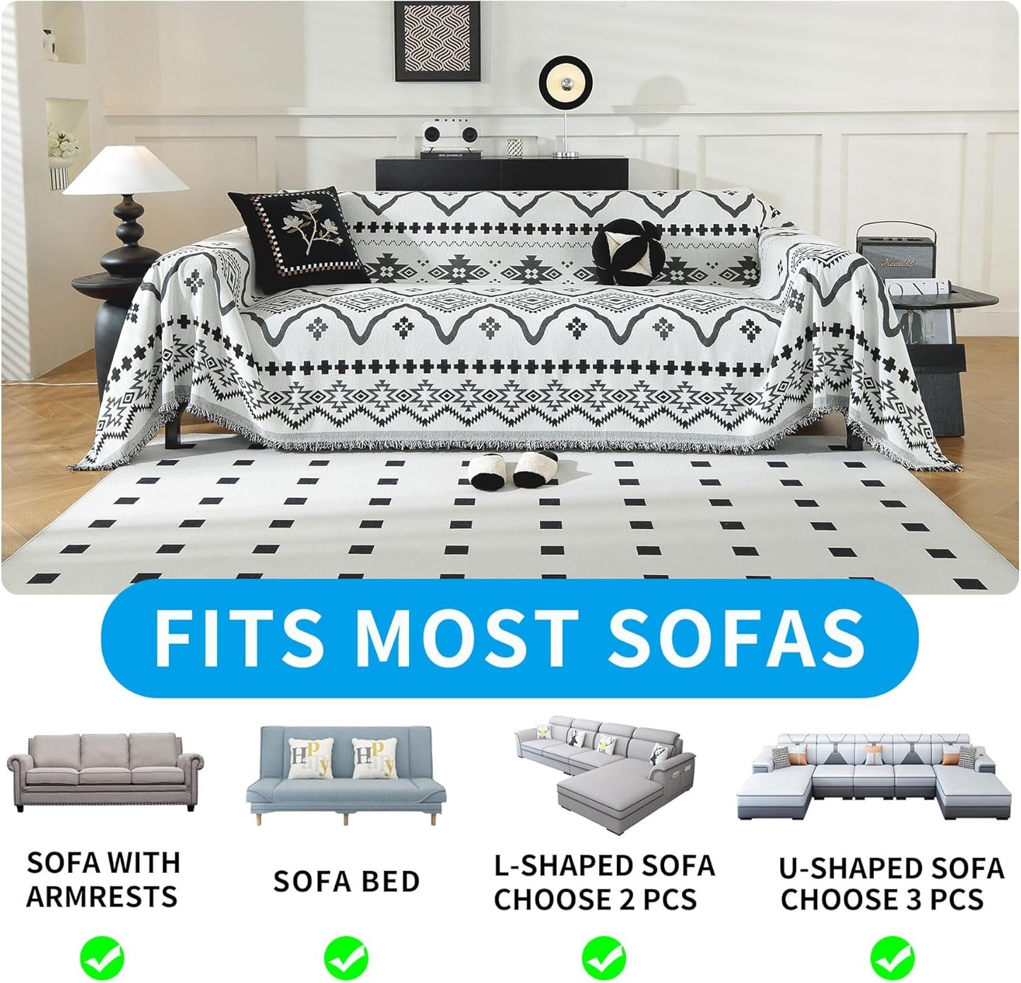 LUFEIJIASHI Boho Couch Covers for Sofa Non Slip Sofa Covers Washable Couch Covers for 3 Cushion Couch Sofa Pet Friendly Sectional Couch Cover Blanket Furniture Protector for Dogs (Black, 71"x118")