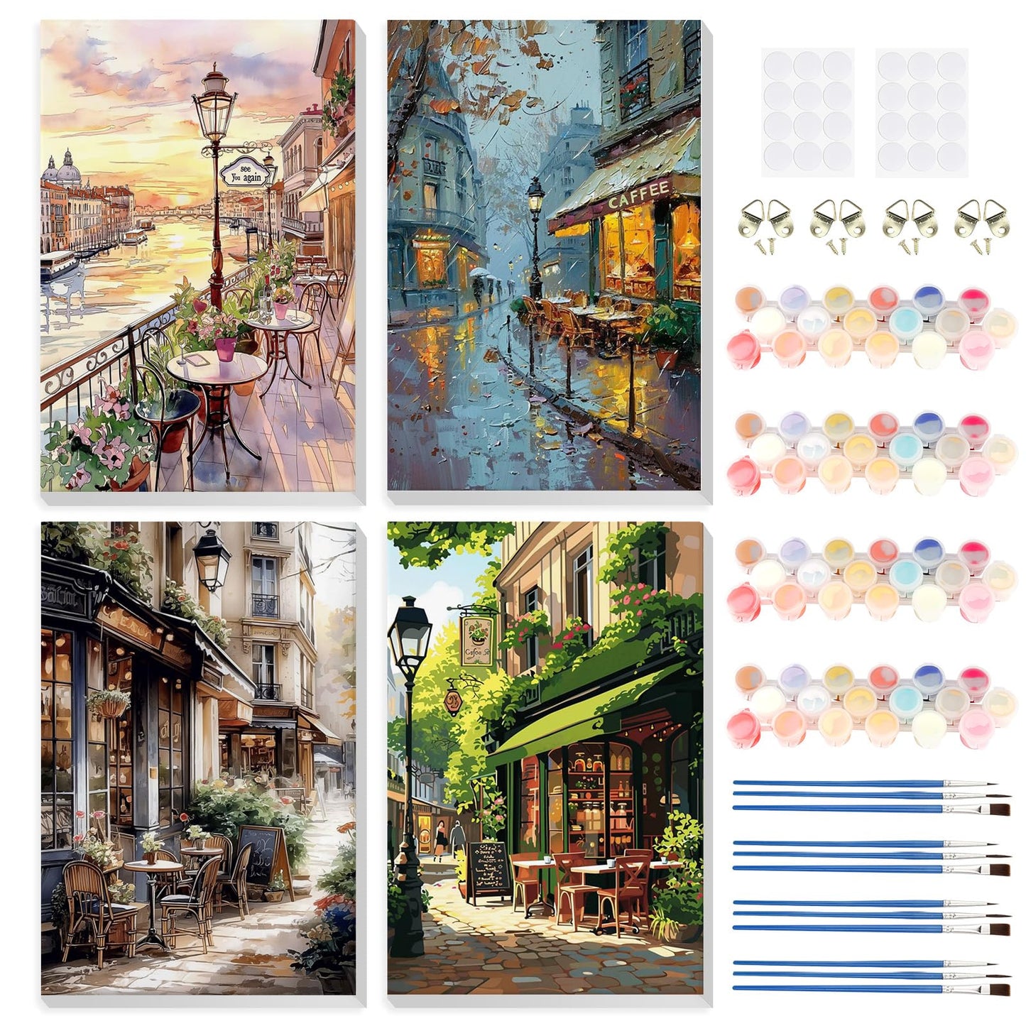HEIBAGO 4 Pack Framed Paint by Numbers Kit for Adults Beginner, Adult Paint by Number Kits Street Cafe, DIY Paint by Numbers for Adults,Small Easy Acrylic Oil Painting for Wall Decor 8x12 Inch