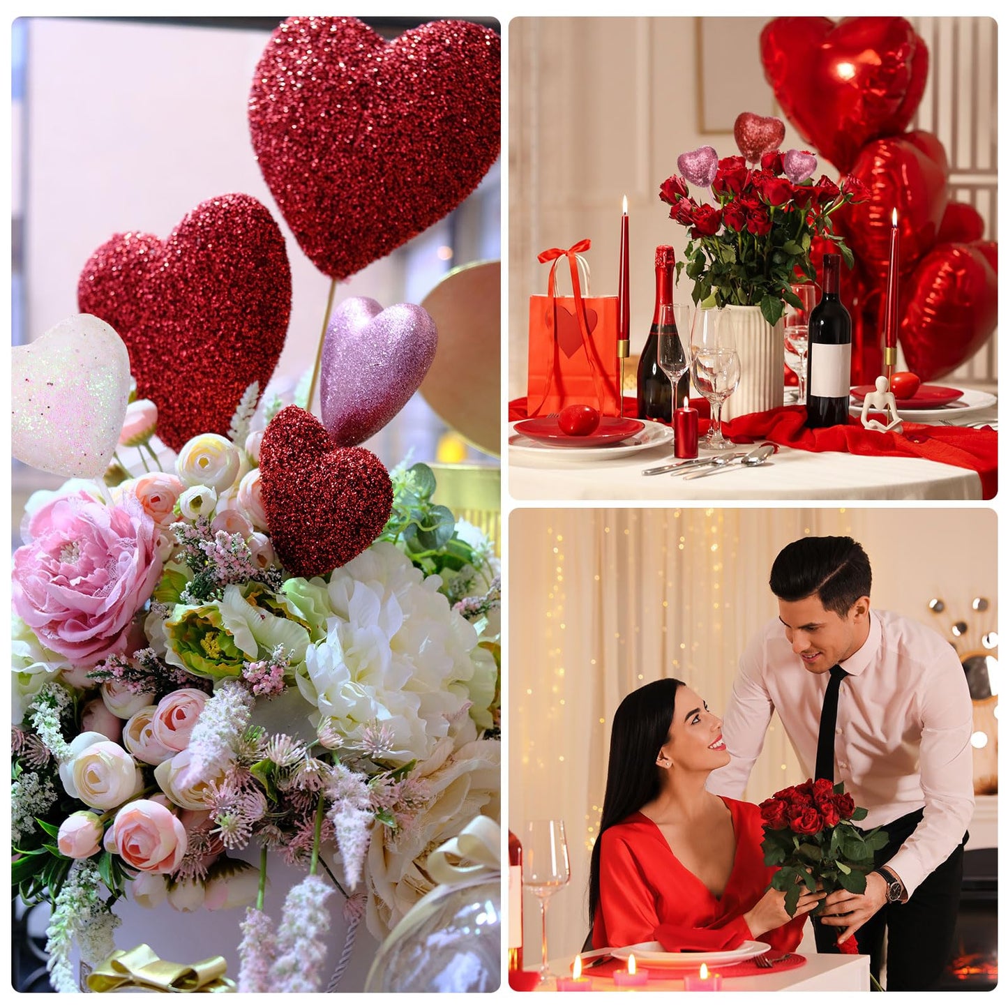 MECCANIXITY 24 Pcs Glitter Heart Shaped Picks Puffy Foam Hearts Floral Sparkly Stick for Valentine's Day Wedding Decorations Home Vase Supplies Flower Arrangements Crafts (Red, 4cm x 22cm)