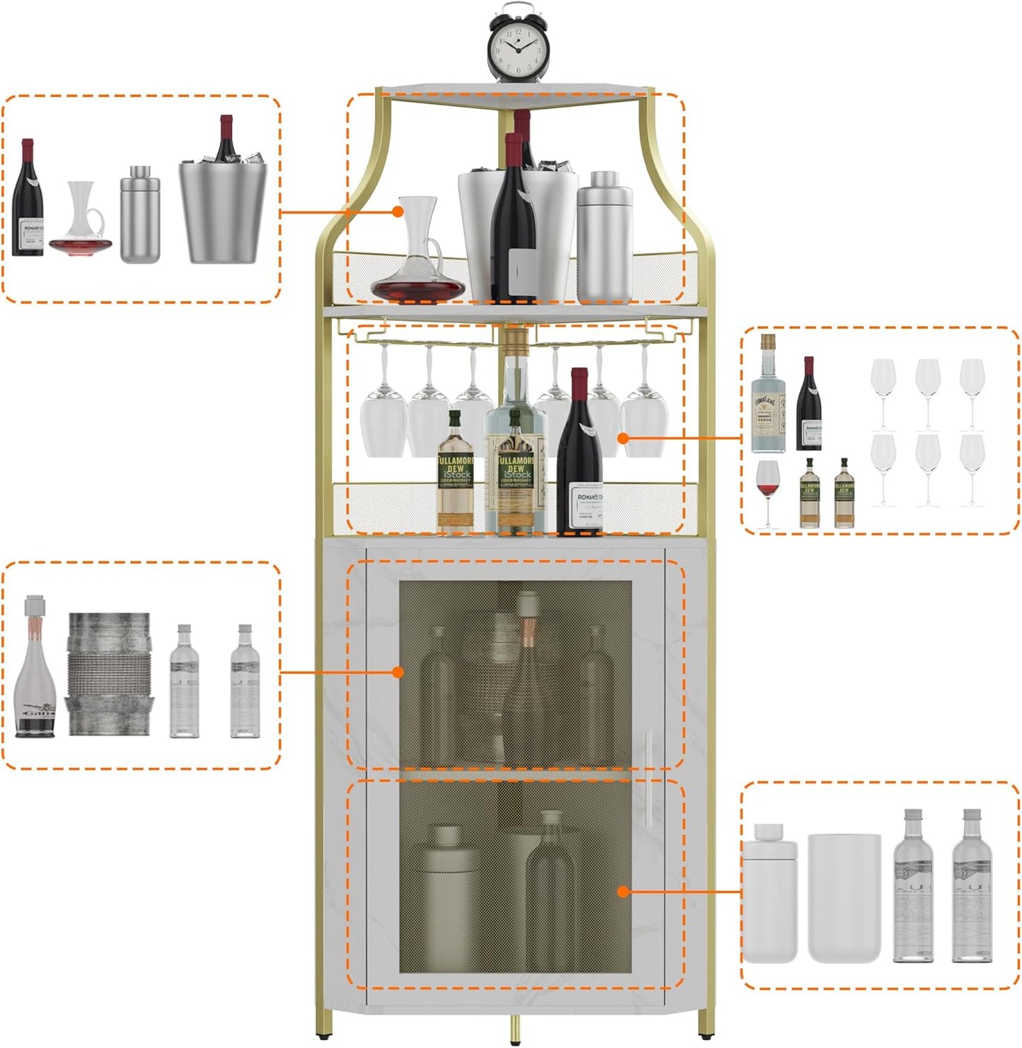 GarveeHome Corner Wine Cabinet with Detachable Wine Rack, 5-Tier Industrial Corner Bar Cabinet with Barn Door and Glass Holder, Farmhouse Buffet Cabinet and Home Bar, Gold